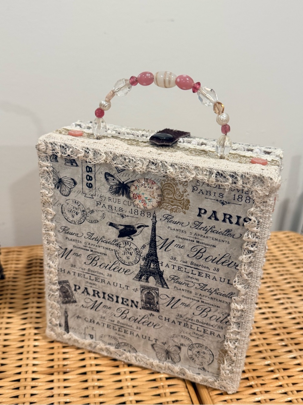 Vintage-Inspired Pink Beaded Handle Paris Print Women’s Handbag